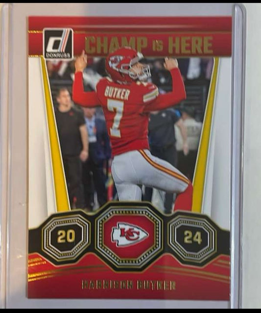 Harrison Butker "Champ is Here" 2024 Panini Donruss Card number 8 Mint